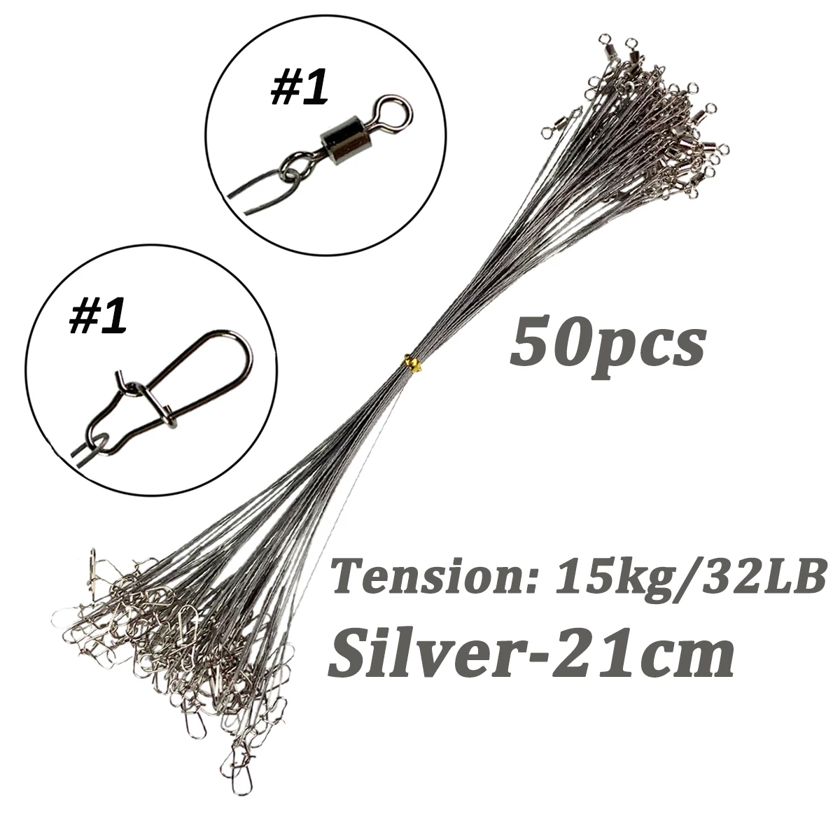 Enhanced Fishing Line: Durable Steel Wire Leader with Swivel and Double-Lock Snap - 20/50Pcs Set