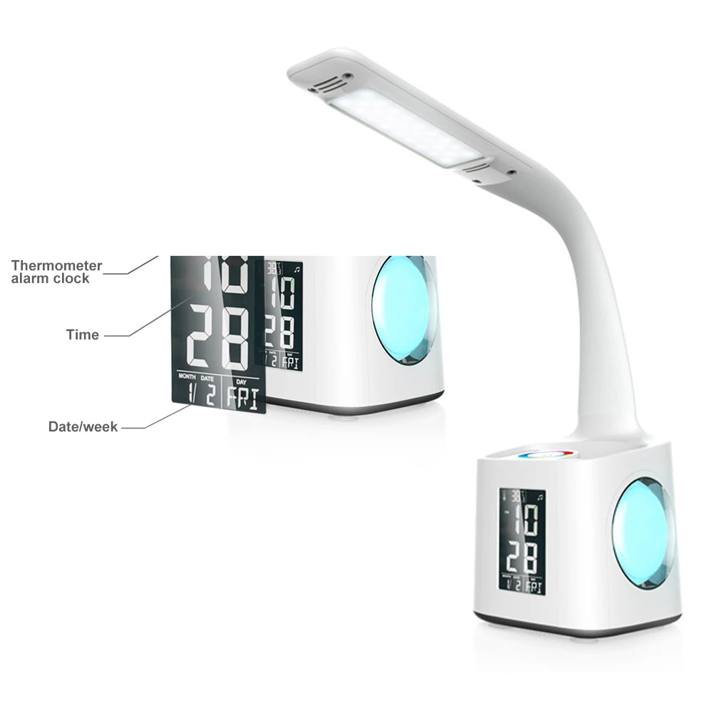  LED Desk Lamp with USB Charging Port&Alarm Clock&Thermometer&Calendar 3-Level Dimmer Night Table La