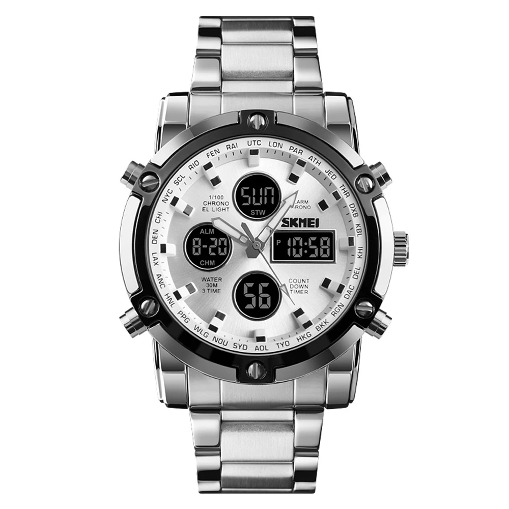 Модные электронные часы, тренд, многофункциональные, три раза, большой циферблат, деловые мужские электронные часы со стальным ремешком - Цвет: Silver