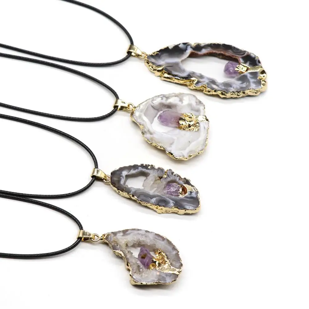 

1Pcs Irregualr Natural Stone Agate Slice Pendant With Gold Plated Edge Necklaces Jewelry For Women Stone Craft Random Color