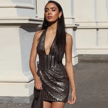

Autumn New Bodycon Mini Dress Sexy V Neck Spaghetti Strap Backless Sequin Dangle 2020 Celebrity Runway Party Dress Vestidos