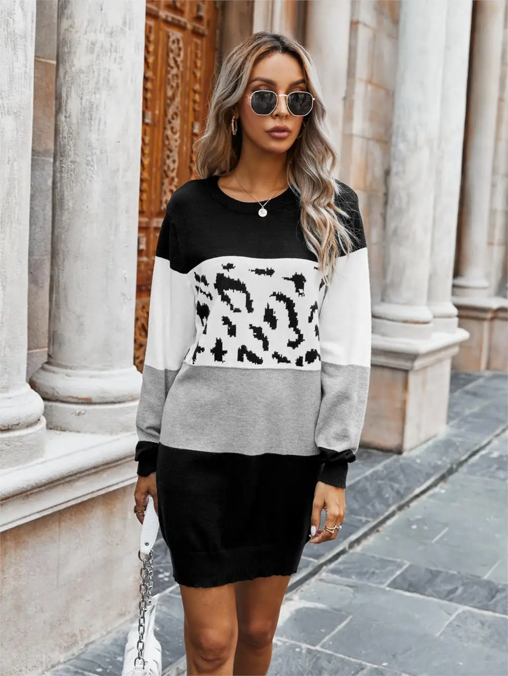 Chifirena Vintage Leopard Patchwork Sweater Dress Women O Neck Long Sleeve Winter Casual Robe Female Elegant Minie Vestidos