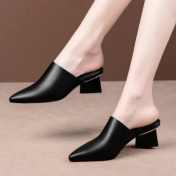 

MLJUESE 2020 women slippers Soft cow leather Rome style summer black color pointed toe square heel sandals party dress wedding