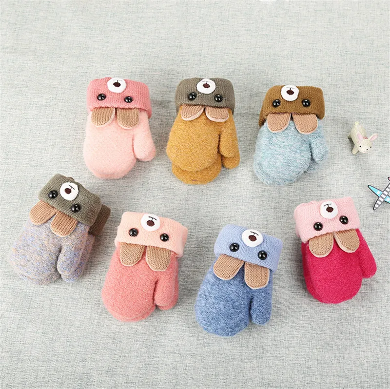 PUDCOCO Children Baby Girl Boy Cute Cartoon Bear Ears Gloves Autumn Winter Thick Finger Mittens With Lanyard 0-3Y