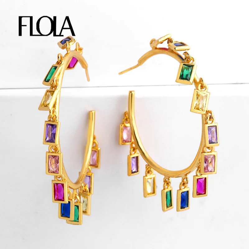 

FLOLA CZ Rainbow Hoop Charm Earrings dame Rainbow Zirconia Big Hoop Earring Gold Filled Jewelry regenboog hoepel oorbellen erq99