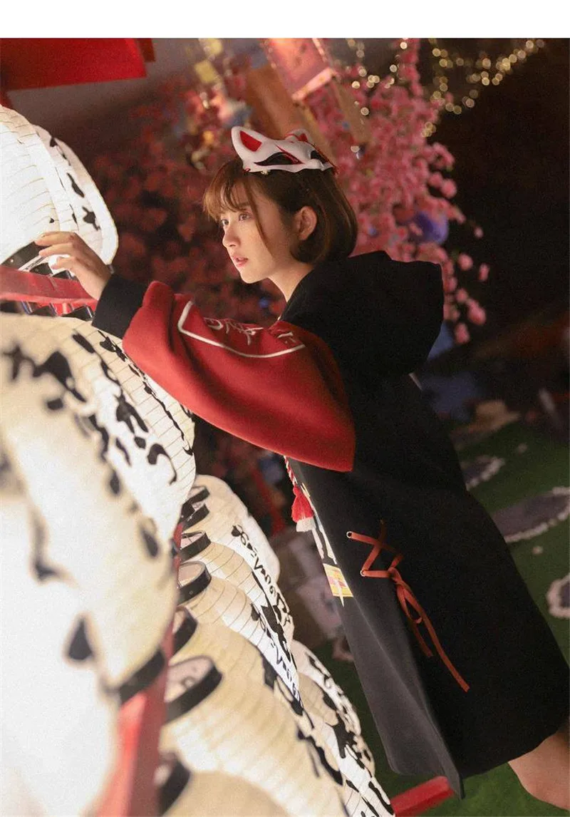 Зимние женские длинные толстовки в японском стиле Харадзюку, модная женская толстовка, кавайные готические топы, милая Женская толстовка с вышивкой