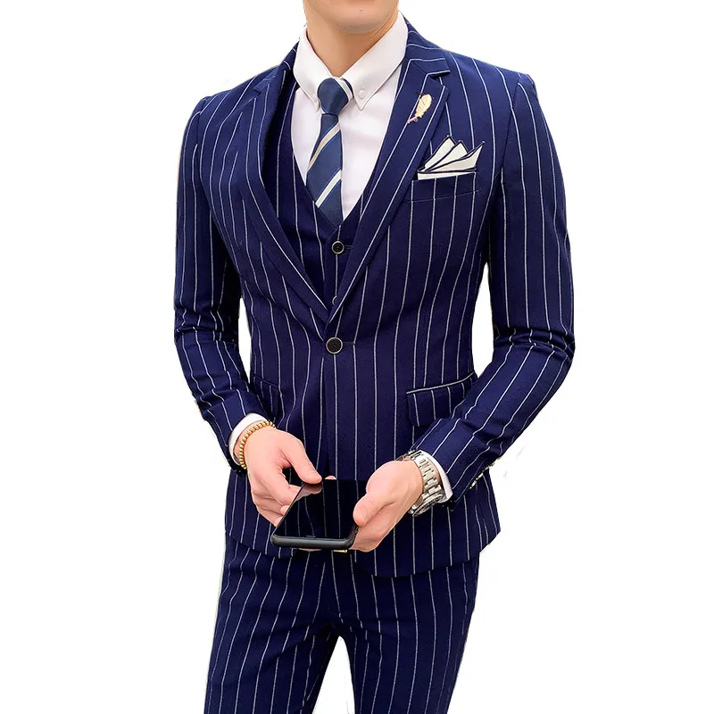 

British style suit 3 sets of men's high-end self-cultivation vertical stripes high quality business banquet professional suits