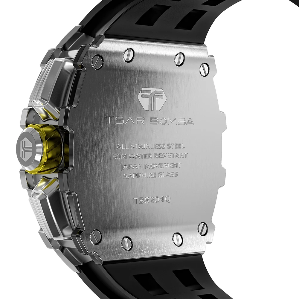 TSAR BOMBA Watch Men Luxury Brand Tonneau Design 50M Waterproof Stainless Steel Wristwatch Sport Chronograph Stylish Mens Watch