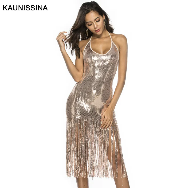 KAUNISSINA Sequin Tassel Cocktail Dresses Sexy Club Wear Party Dress Halter Strap Backless Party Gown Cocktail Dress - Цвет: Золотой