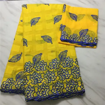 

Yellow and Blue African Net Lace Fabric 100% Cotton Embroidery High Quality Swiss voile Lace Fabrics For Dress 5+2 Yards/Lot