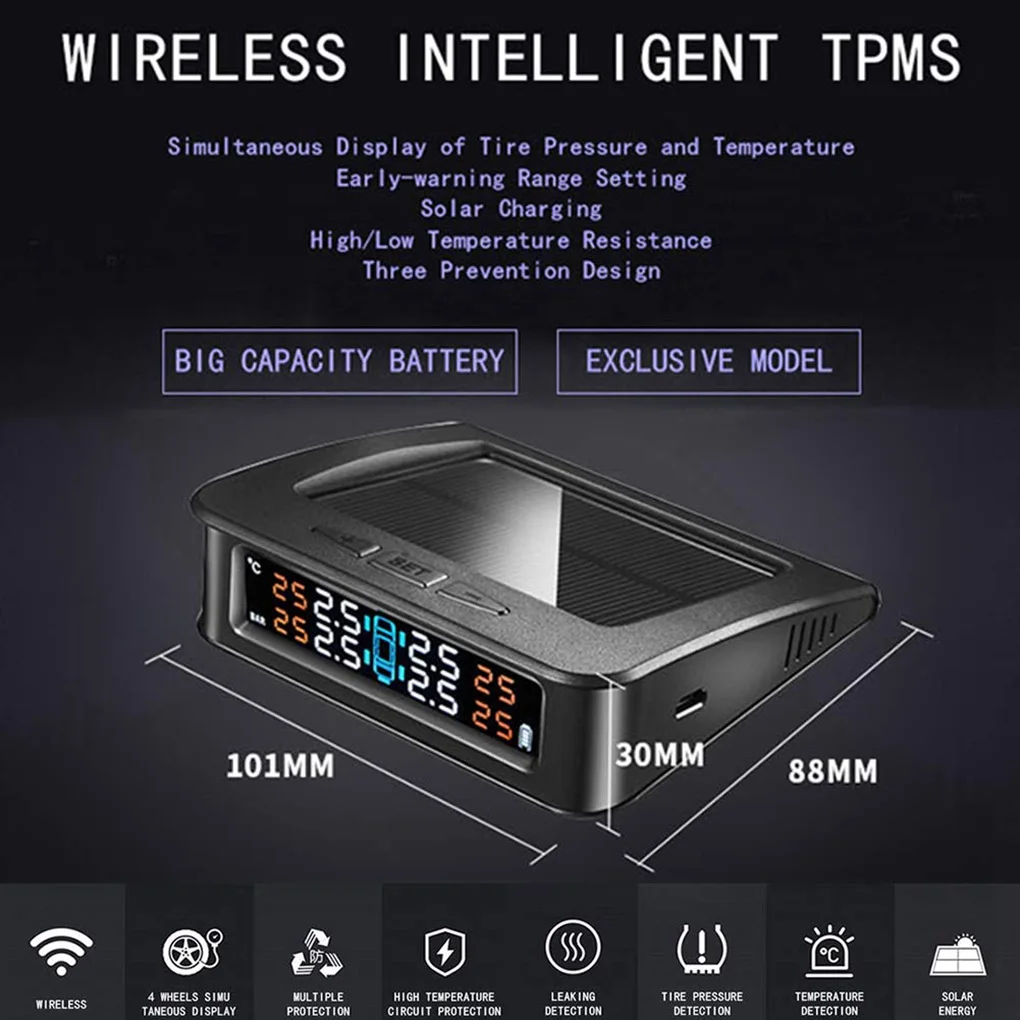 TPMS приемник беспроводной солнечной энергии ЖК-датчик сигнализации+ 4 внешних датчика s автомобильная система сигнализации давления в шинах