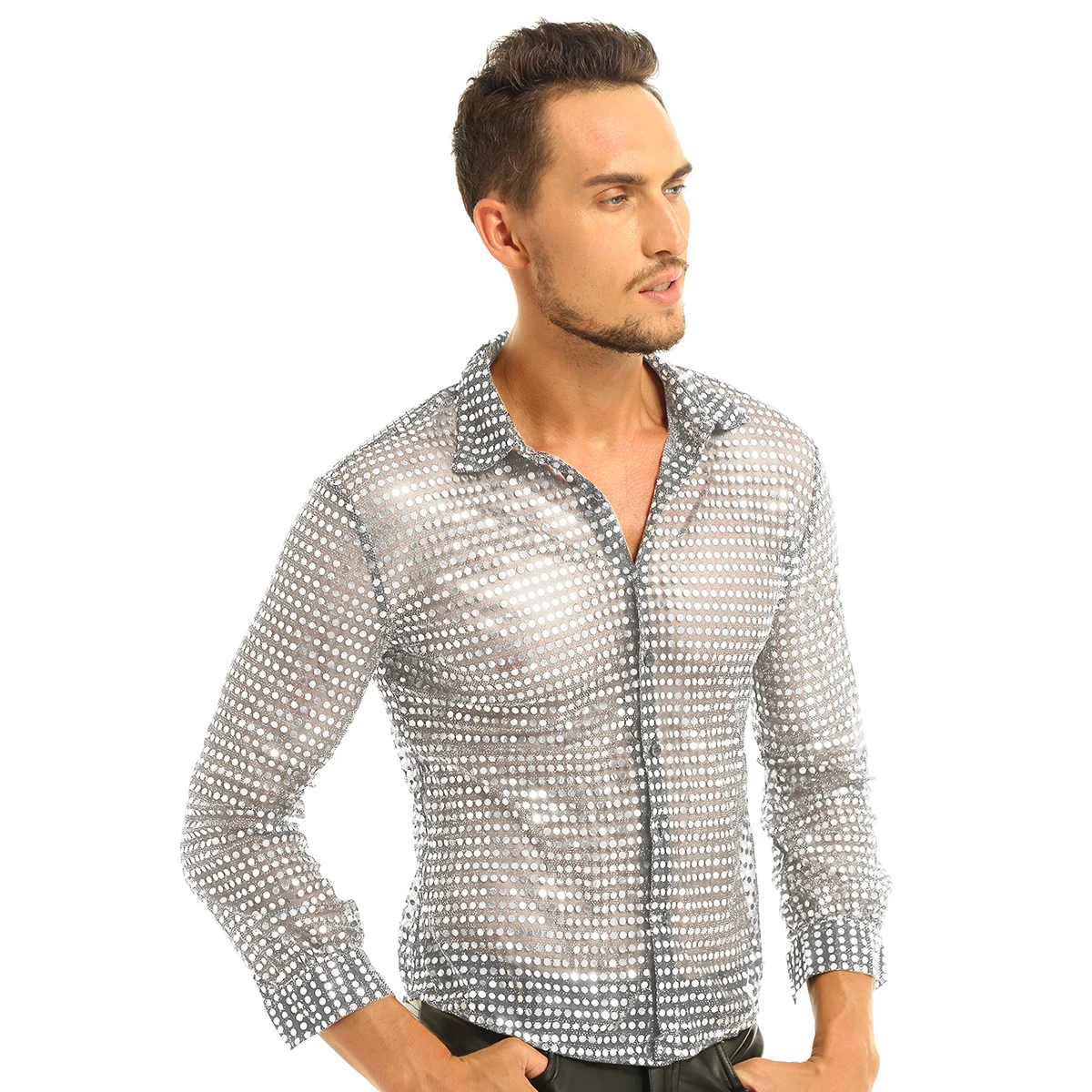 iEFiEL Mens Fashion Holographic Costumes Clothing Shiny Sequins See Through Mesh Clubwear Evening Dance Performance Top Shirt men shirts