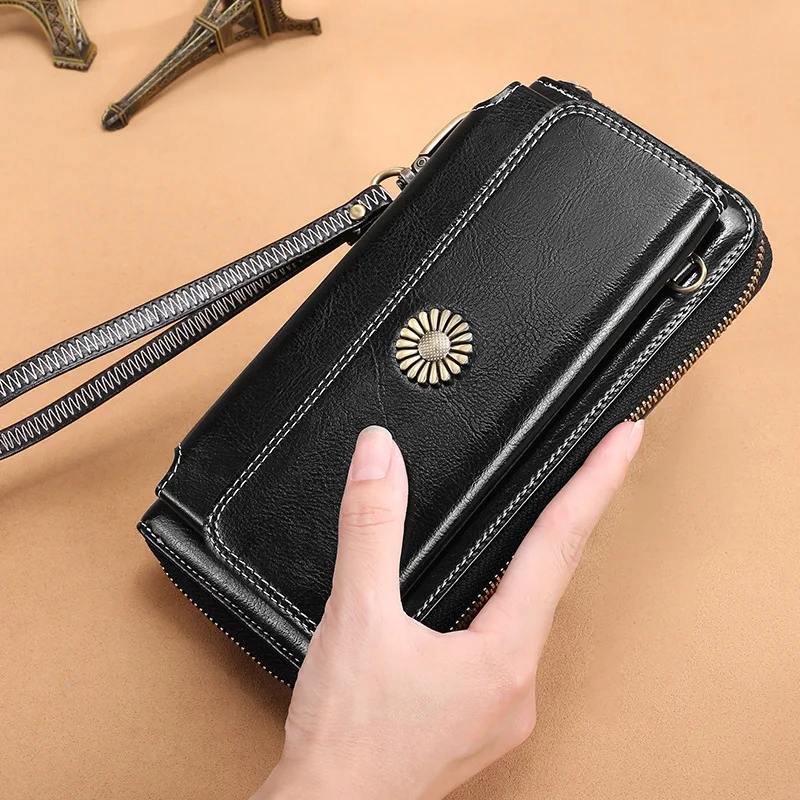

New Style WOMEN'S Leather Wallet Korean-style Zipper Multi-functional Wallet Cowhide Women's Long Clutch Bag Mobile Phone Bag