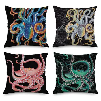 

Color Painted Octopus Cushion Mediterranean Style Marine Organisms Map Compass Decorative Pillow For Creative Sofa Car Backrest