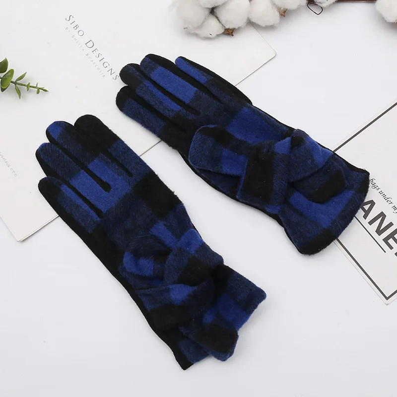 Модные элегантные женские шерстяные перчатки с сенсорным экраном зимние женские теплые кашемировые перчатки в клетку guantes - Цвет: Синий