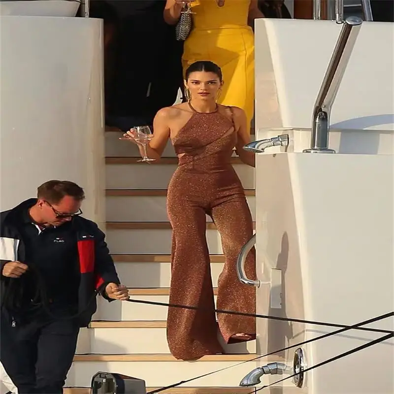 new autumn celebrity party fashion hanging neck one shoulder sleeveless halter hollow waist slim wide leg jumpsuit sexy fa