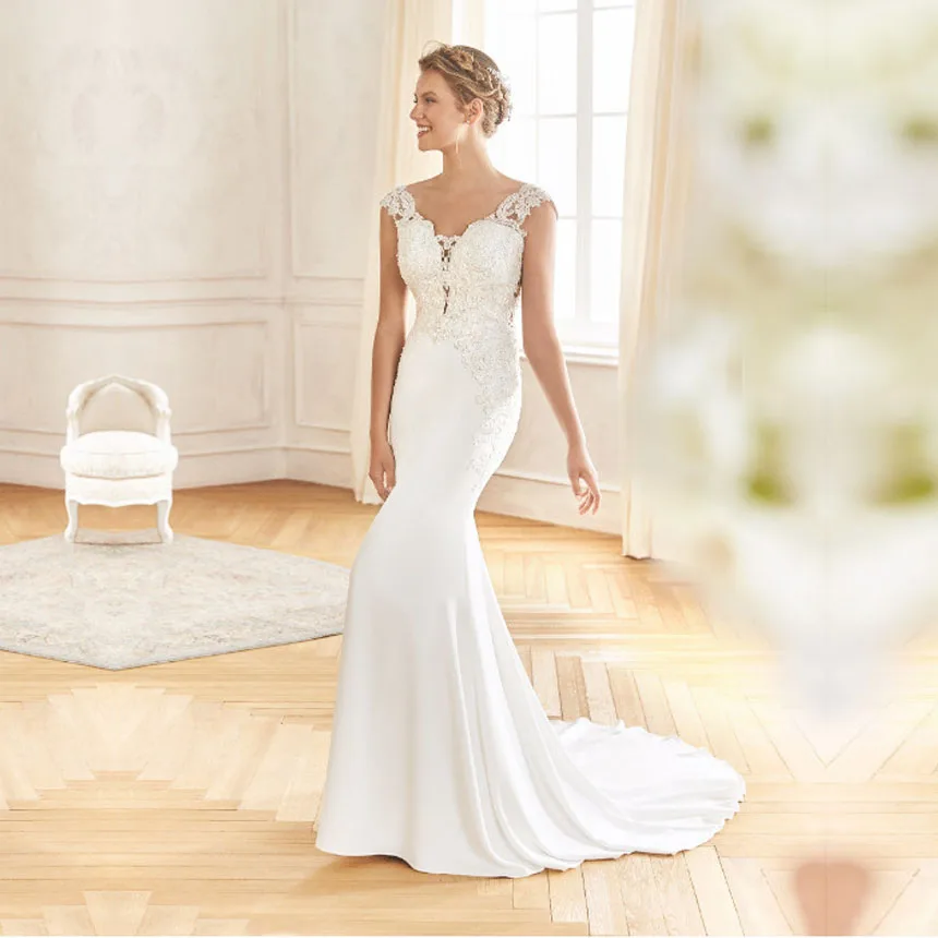 

Eightale Mermaid Wedding Dress Vintage V-Neck Appliques Custom Made Chiffon Wedding Gowns Long Sexy Backless Bride Dress