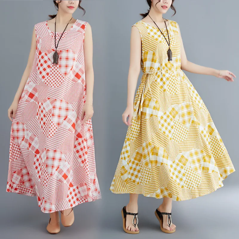 

2019 Large Size Dress Summer Loose-Fit Sleeveless Cotton Linen Dress Vest Dress