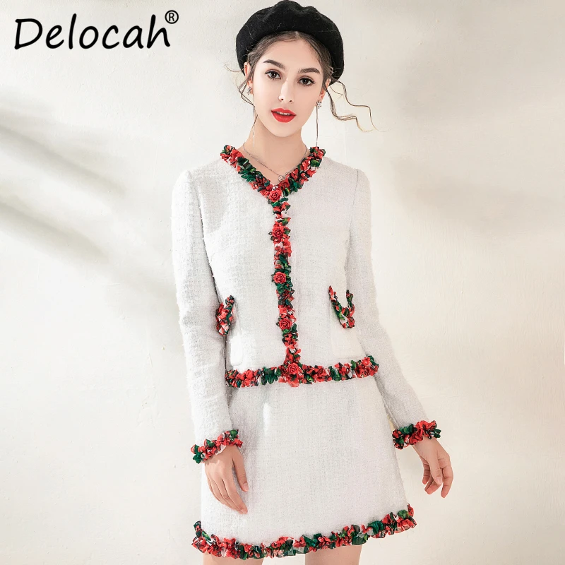 

Delocah 2019 Autumn Winter Women Suits Runway Fashion Designer Sexy V-Neck Gorgeous Button Blouses + Mini Skirt Two Pieces Sets