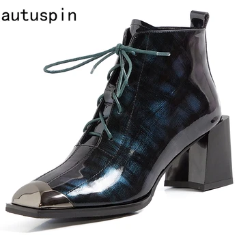 

autuspin Women Punk Boots Fashion Winter Cow Patent Leather High Heel Pumps 2021 Newest Metal Toe Motorcycle Ankle Boots Woman