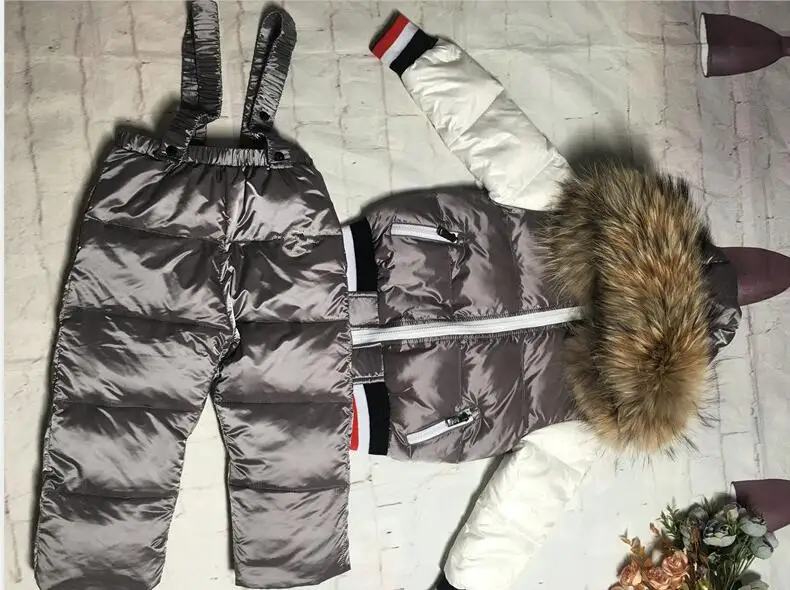 Распродажа, г., зимняя куртка с мехом енота Детский костюм, куртка+ штаны, костюм-двойка лыжные костюмы для мальчиков и девочек Детский пуховик, верхняя одежда, парка - Цвет: Серый