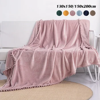 

Flannel Blanket with Pompom Fringe Lightweight Cozy Bed Blanket Soft Throw Blanket All Season 6 Colours