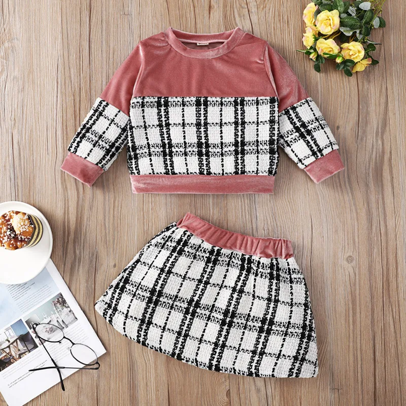 Velvet Baby Girl Clothes Set Warm Tops Hoodie Sweatshirt Plaid Skirts Winter Baby Clothing Outfits Cute Toddler Infant Girl Sets