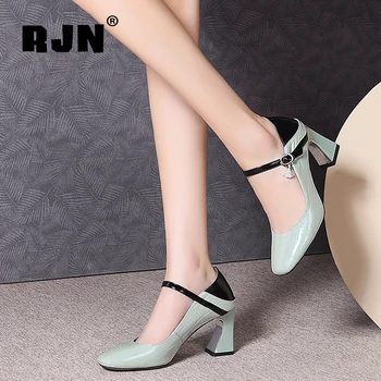 

RJN Spring Autumn Mary Jane Pumps Woman Elegnat Green Bright Leather High Hoof Heel Patchwork Buckle Strap Dress Shoes RO454