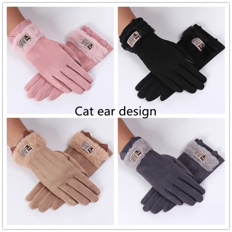 Rabbit Ears Gloves Women Touch Screen Winter Glove Imitation Rabbit Hair Warm Velvet Mittens Lady Deerskin Cute Student Gloves