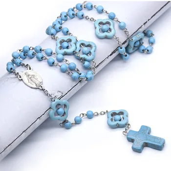 

KOMi Catholic Blue Turquoises Necklace for Men Women Religious Orthodox Rosary Bead Cross Pendant Praying Necklace Collana R-333