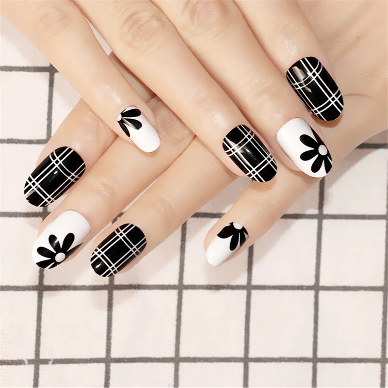 Nusx New 24 pieces False Nail Tips Black White Cross Flower Pattern Girl 3D DIY Plastic 3