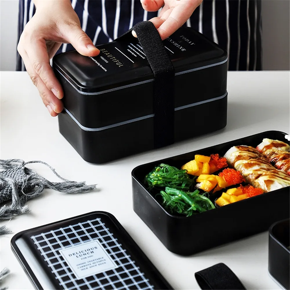 

Japan Bento Lunch Box Portable Black Double Layer Thermal Food Container Creative Adult Kid Lunchbox Microwave Dinnerware 2000ml