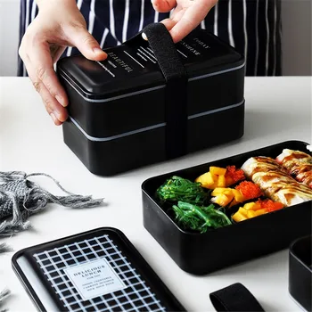

Japan Bento Lunch Box Portable Black Double Layer Thermal Food Container Creative Adult Kid Lunchbox Microwave Dinnerware 2000ml