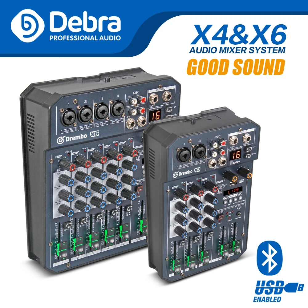

X4/6 DJ Protable Mini console Audio mixer with DSP effect Sound Card, USB, 48V Phantom Power for PC Recording Singing Webcast