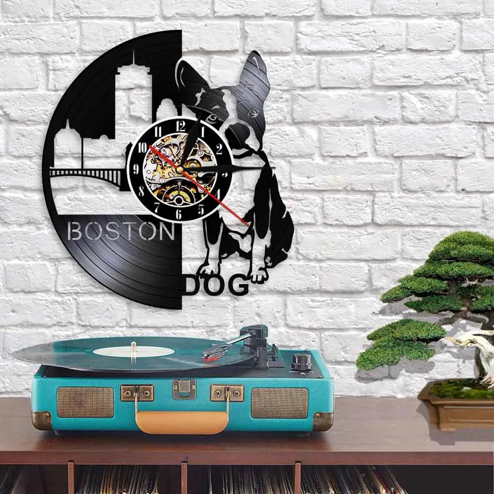 Бостонский терьер собака настенные часы собака магазин знак стены Искусство пород собак Французский бульдог виниловая запись настенные часы щенок собака собственников подарок
