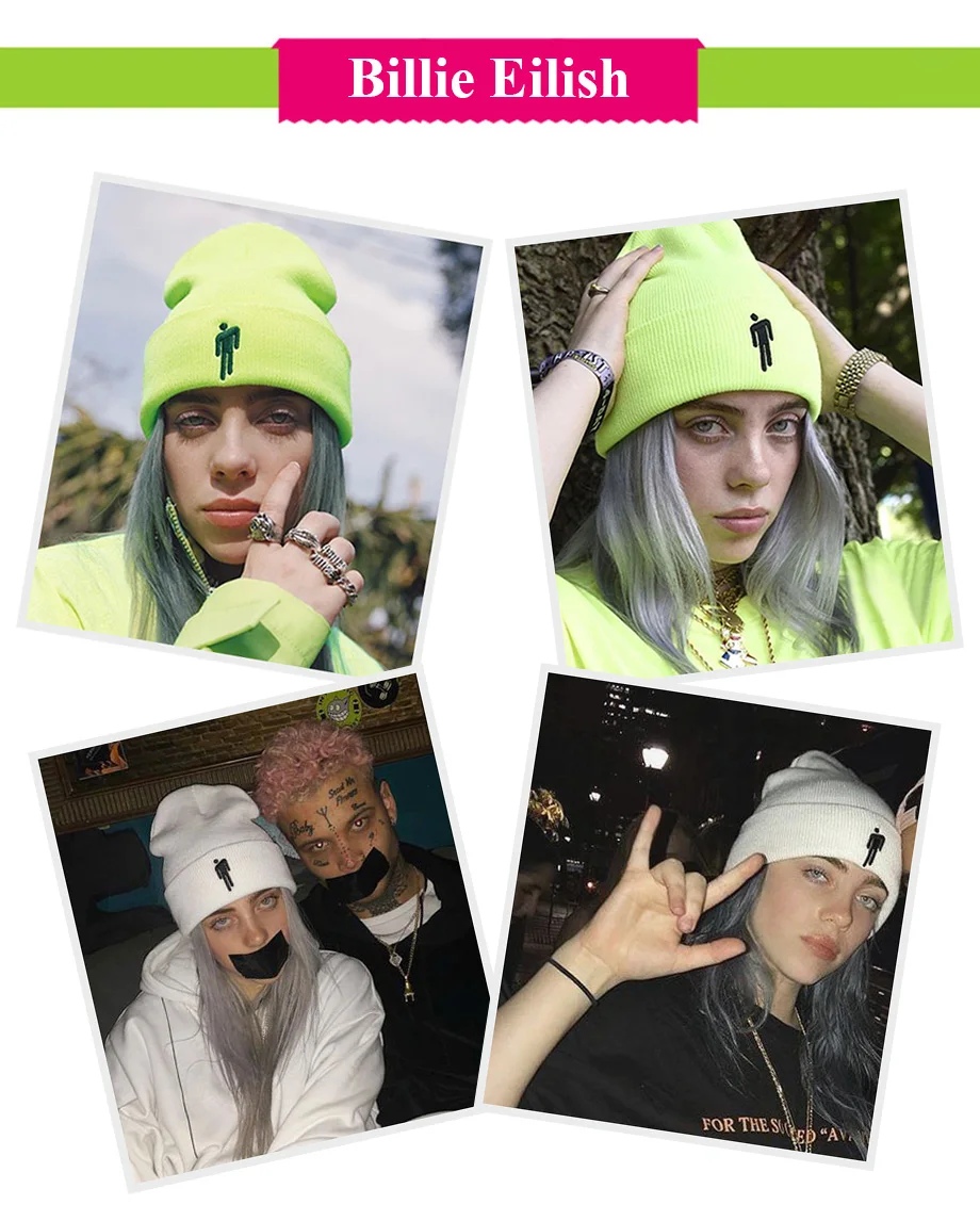 Шапка-бини в стиле хип-хоп с вышивкой Billie Eilish, женские и мужские зимние теплые вязанные шляпы для мужчин и женщин, однотонные Повседневные шапки-бини с манжетами