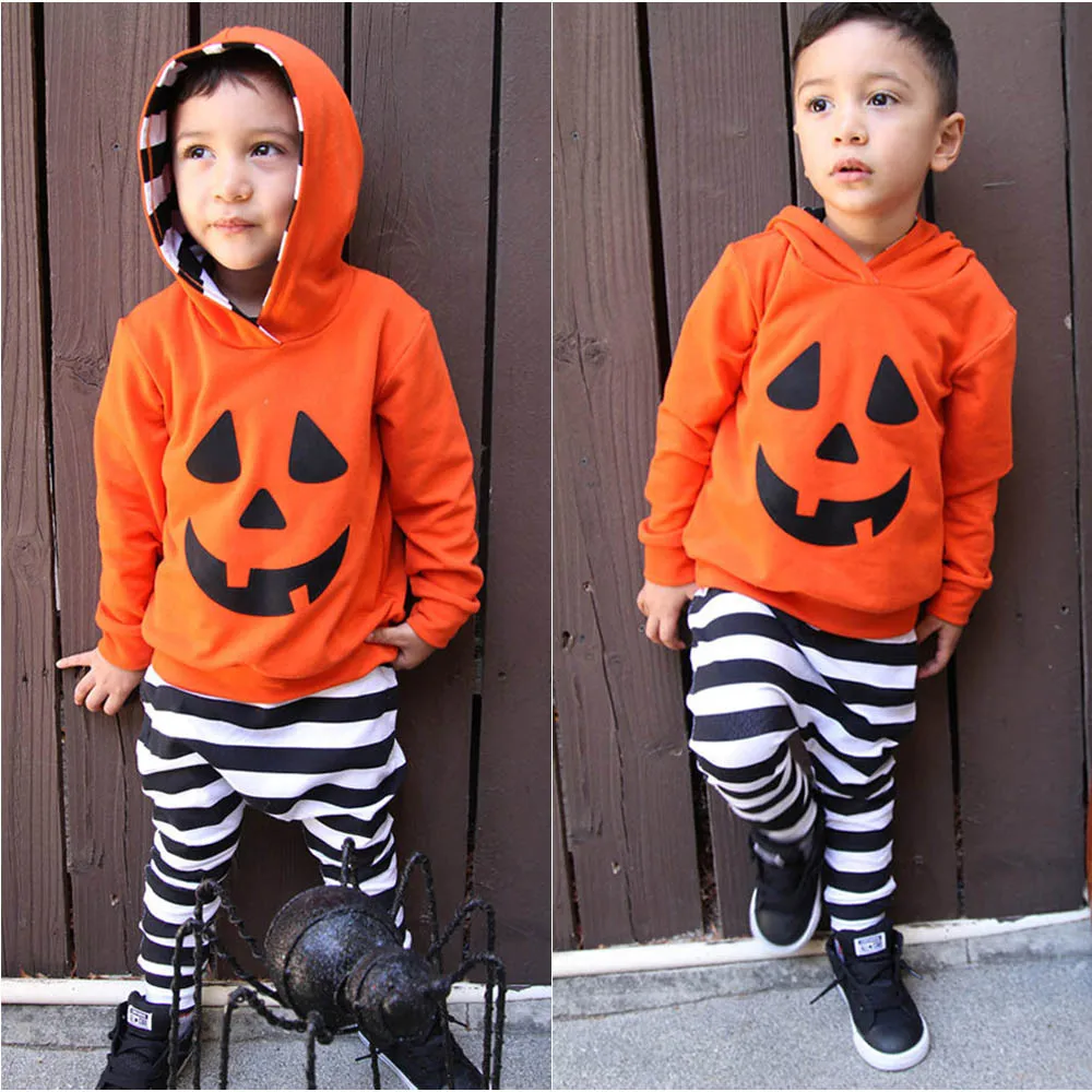 

2019 Baby Boy Halloween Costume Kids Baby Boy Pumpkin Hooded Blouse+Stripe Pants Halloween Outfits Set Peuter Kleding Jongens