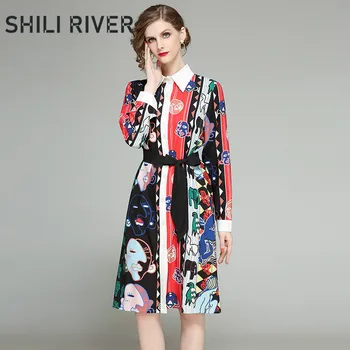 

New spring autumn knee length shirt dress for women a line long sleeve slim casual vintage elegant floral dress with belt collar