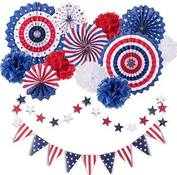 

14Pcs Patriotic Party Decorations Set American Flag Party Supplies Hanging Paper Fans Flower Balls Star Streamer Red Blue White