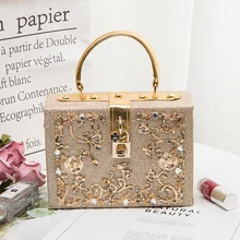 Новая Винтажная коробка, коробка с замком, сумочка, с вырезами, цветочный дизайн, инкрустированная бриллиантами акриловая вечерняя сумка, женская сумка