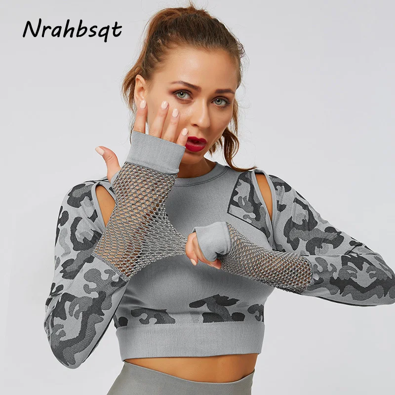 NRAHBSQT Новые камуфляжные топы для йоги, бесшовные обтягивающие топы для йоги с длинным рукавом, укороченный топ для спортзала, одежда для фитнеса, женские сетчатые топы Спортивные YS164