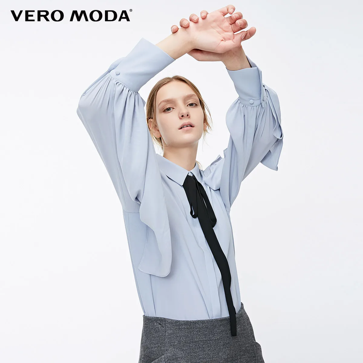 Vero Moda Новое поступление женские открытые Гофрированные Рукава галстук шифоновая рубашка | 318405506 - Цвет: Gray dawn