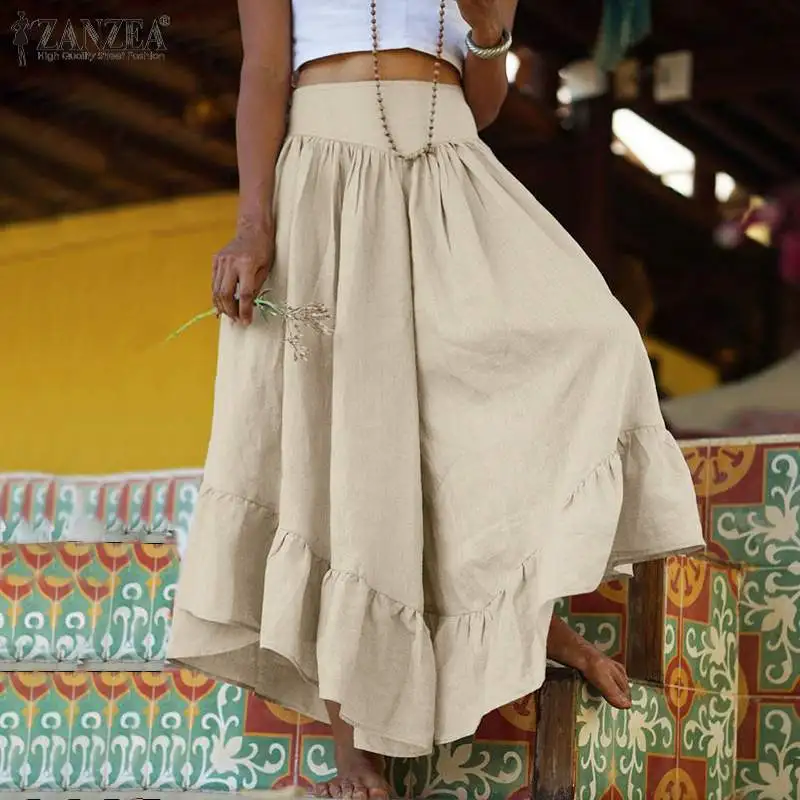 ZANZEA Summer High Waist Flare Trousers Bohemian Ruffles Hem Pants Women Wide Leg Pantalon Casual Lace Up Flounce Palazzo 5XL