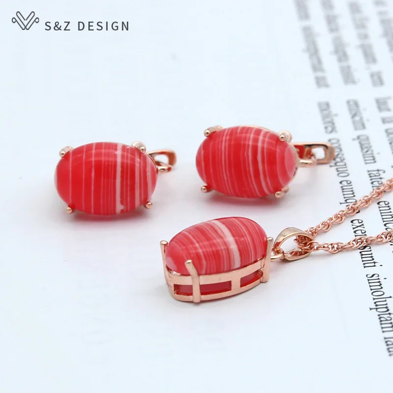 S&Z DESIGN New Fashion Oval Egg Shape Natural Stone Stud Earrings 585 Rose Gold Color Pendant Necklace Jewelry Sets For Women