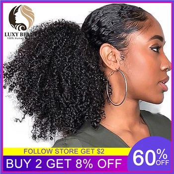 

Luxy Beauty Afro Kinky Curly Human Hair Extension Adjustable Pony Tail Natural Black Hair Clip-ins 8"-18" Ponytail For Women