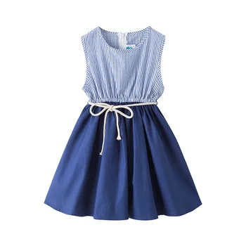 

2020 summer girls dress for 6 8 10 12 14 16 Yrs causal stripe blue patchwork party frocks kids cute beach sundress with belt