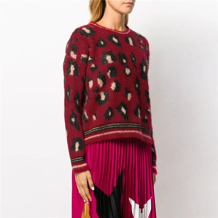 Леопардовый женский пуловер, свитера, Осень-зима, Свободный Повседневный свитер с круглым вырезом и длинным рукавом, винно-красный розовый джемпер, свитер от ветра