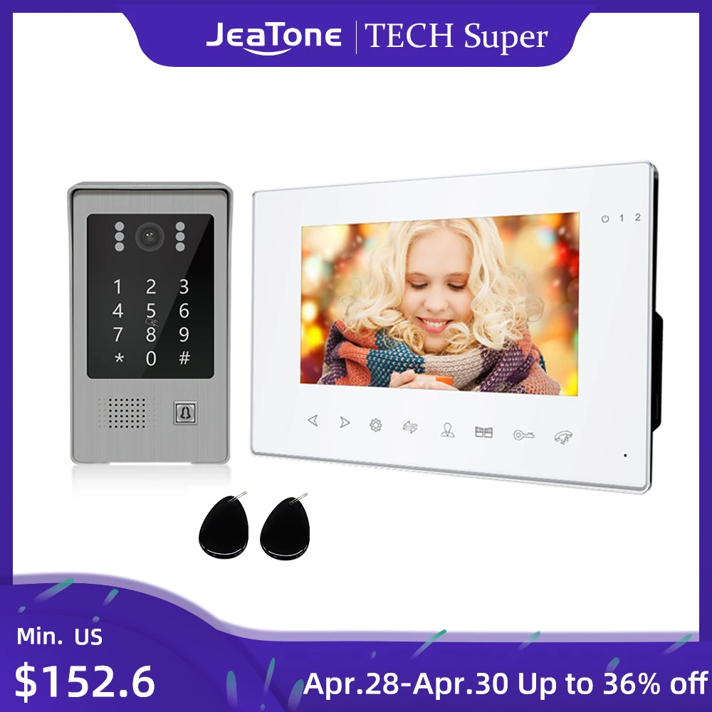 Jeatone 7 pulgadas inalámbrico Wifi Video inteligente sistema de intercomunicación con 960P timbre de seguridad para el hogar soporte contraseña tarjeta RFID