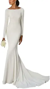 

Elegant Mermaid Long Mermaid Wedding Dresses with Sleeves Dubai O-Neck Floor Length Open Back Sweep Train Bridal Gown for Women