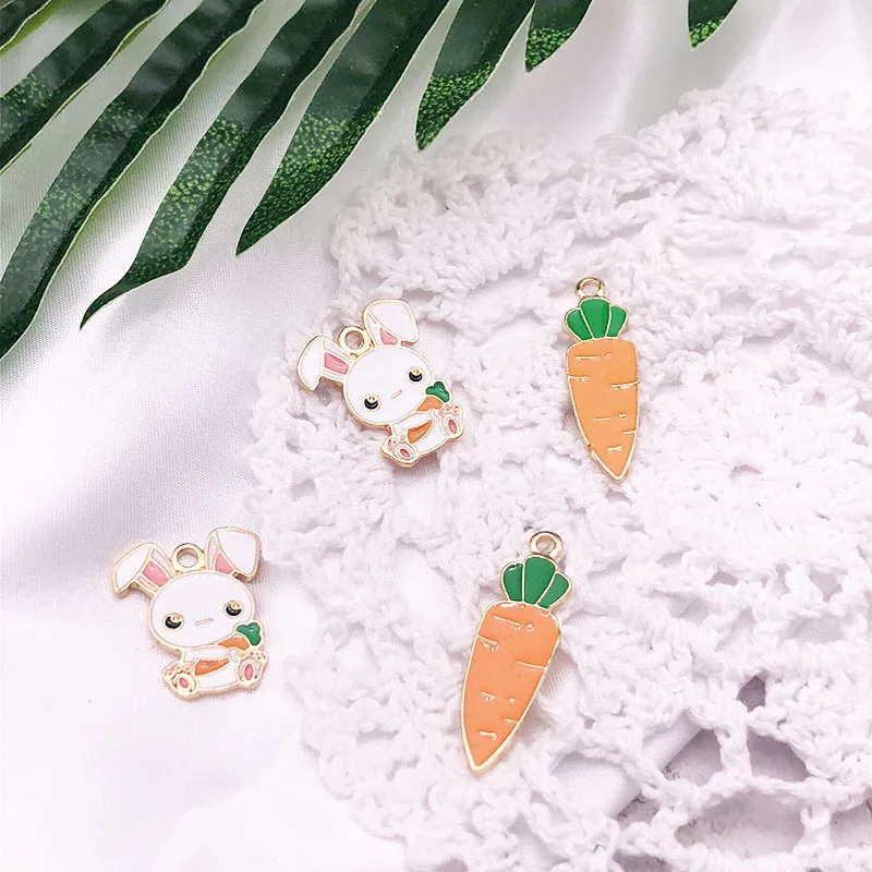 

10pcs Rabbit Carrot Enamel Alloy Charms Pendants Cartoon Gold Color Dangle Fit Earrings Necklaces DIY Jewelry Accessory FX444